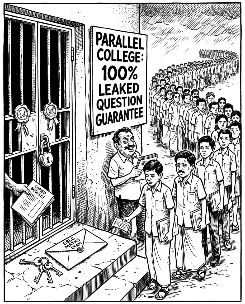 Black-and-white editorial illustration depicting the news story: The Parallel College Conspiracy: Inside the 2001 Kerala SSLC Mathematics Paper Leak, the Sub-Treasury Infiltration, and the Rescue of Half a Million Diplomas, drawn in classic Indian newspaper ink cartoon style.