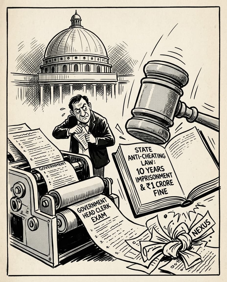 Black-and-white editorial illustration depicting the news story: The Sanand Press Breach: Inside the 2021 Gujarat Head Clerk Paper Leak, the Sabarkantha Farmhouse Camps, and the Genesis of the Toughest Anti-Cheating Law, drawn in classic Indian newspaper ink cartoon style.
