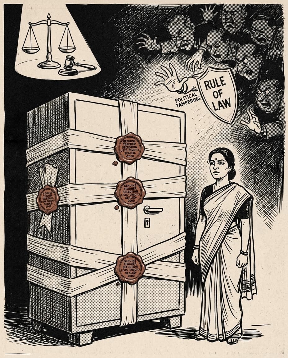 Black-and-white editorial illustration depicting the news story: The Steel Almirah of Rajni Sibal: Inside the Haryana JBT Teacher Scam, the Forged Guest House Lists, and the Ten-Year Incarceration of Om Prakash Chautala, drawn in classic Indian newspaper ink cartoon style.