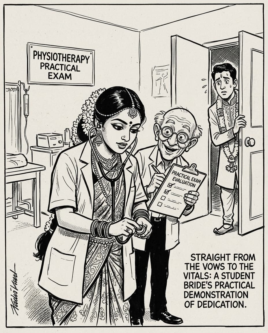 Black-and-white editorial illustration of a physiotherapy student bride wearing a doctor lab coat and stethoscope over her bridal silk saree and jewelry taking her practical exam while a professor evaluates and the groom watches.