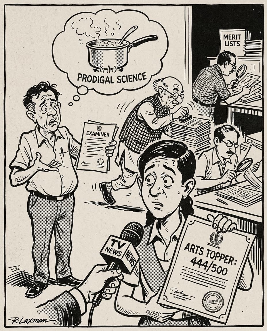 Black-and-white satirical editorial cartoon of a student holding a TV microphone and topper certificate next to a thought bubble of a cooking pot labeled "Prodigal Science" while clerks stamp certificates in the background.