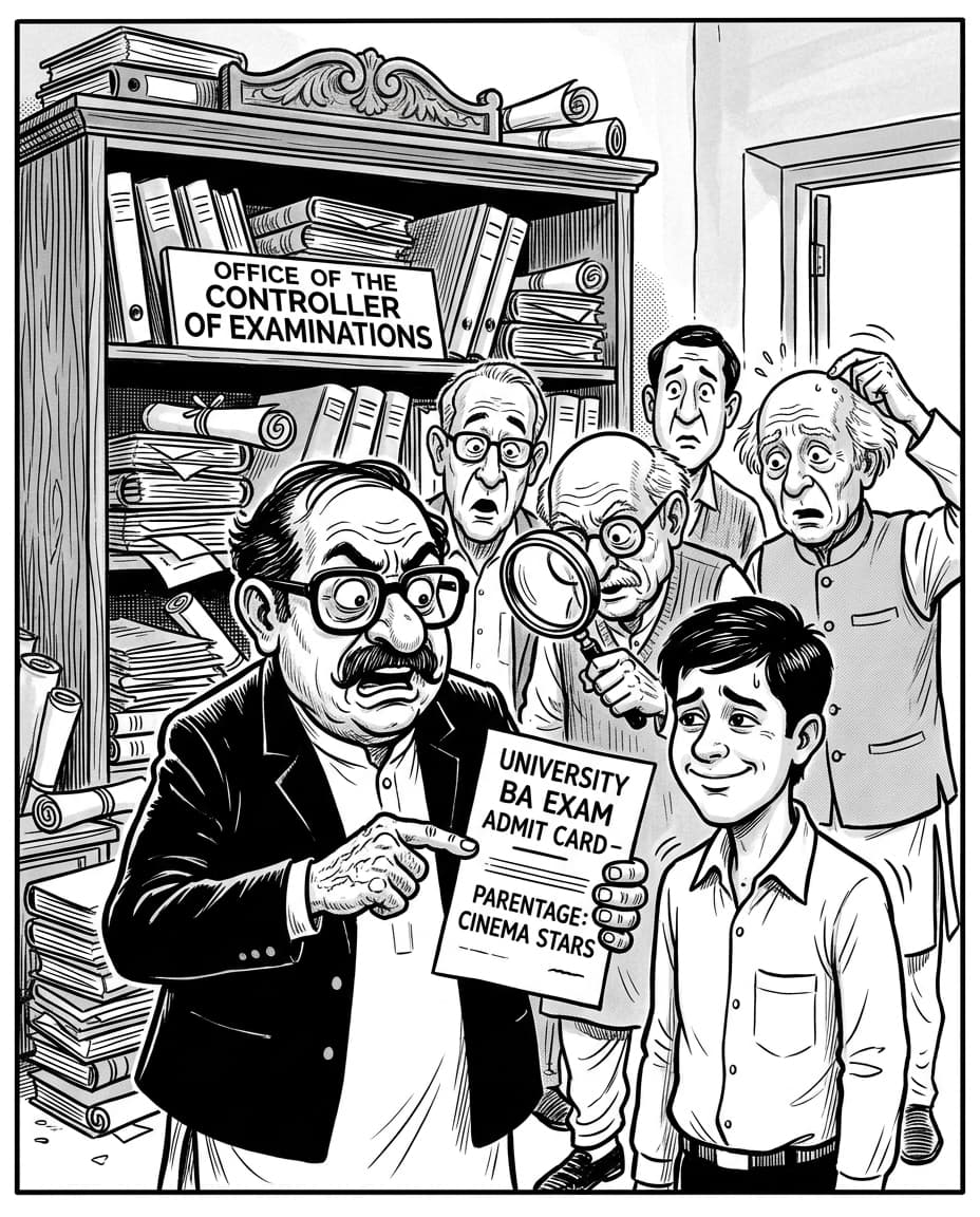 Black-and-white editorial illustration depicting the news story: The Unacknowledged Son of Bollywood: How a BA Examinee in Muzaffarpur Gave Himself the Most Star-Studded Parents in Indian Academic History, drawn in classic Indian newspaper ink cartoon style.